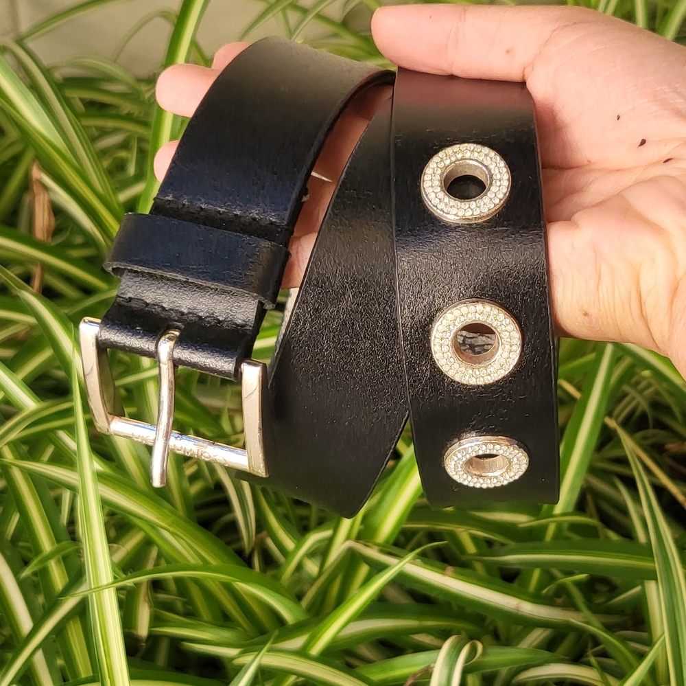 Calvin Klein black leather belt with rhinestone holes
